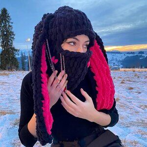 Women's Black Rose Red Bunny Hat Knit Plush Long Ears Fluffy Cosplay Party Hat